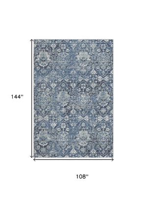 HomeRoots 9' X 12' Blue & Ivory Floral Medallion Area Rug - Washable, UV Protected, Stain Resistant for Homes 644567
