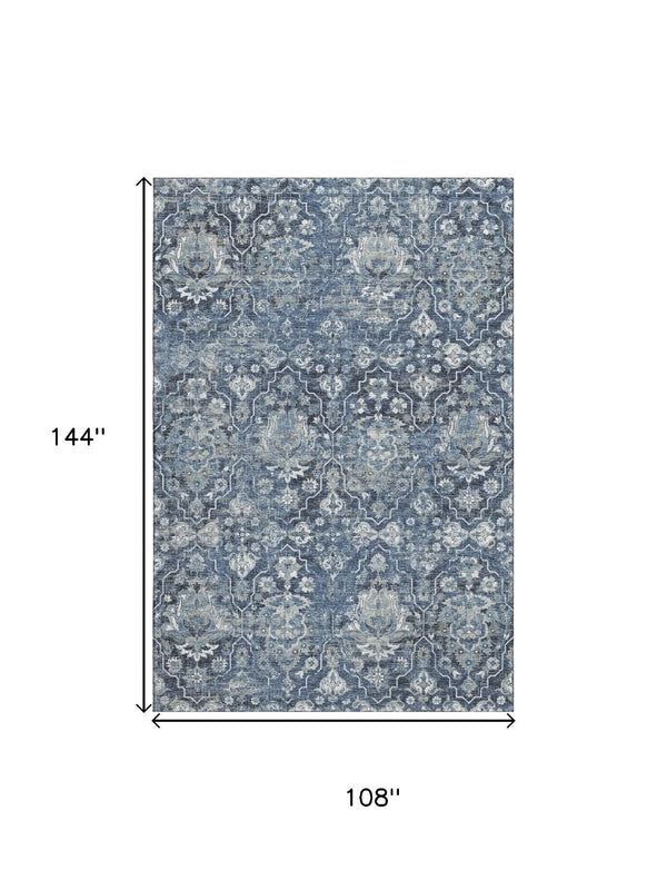 HomeRoots 9' X 12' Blue & Ivory Floral Medallion Area Rug - Washable, UV Protected, Stain Resistant for Homes 644567