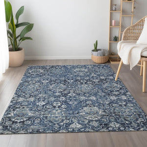 HomeRoots 10' Blue & Ivory Floral Medallion Area Rug - Washable, UV Protected, Stain Resistant for Homes 644568