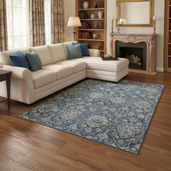 HomeRoots 10' Blue & Ivory Floral Medallion Area Rug - Washable, UV Protected, Stain Resistant for Homes 644568