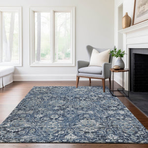 HomeRoots 10' Blue & Ivory Floral Medallion Area Rug - Washable, UV Protected, Stain Resistant for Homes 644568