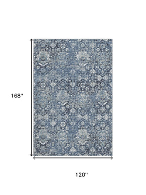 HomeRoots 10' Blue & Ivory Floral Medallion Area Rug - Washable, UV Protected, Stain Resistant for Homes 644568