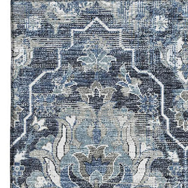 HomeRoots 10' Blue & Ivory Floral Medallion Area Rug - Washable, UV Protected, Stain Resistant for Homes 644568