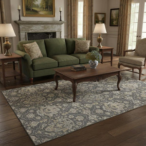 HomeRoots 5' X 8' Elegant Graphite Ivory Gold Floral Medallion Rug - Washable, Stain Resistant, UV Protected 644570