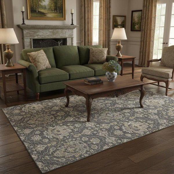 HomeRoots 5' X 8' Elegant Graphite Ivory Gold Floral Medallion Rug - Washable, Stain Resistant, UV Protected 644570