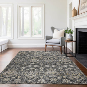 HomeRoots 5' X 8' Elegant Graphite Ivory Gold Floral Medallion Rug - Washable, Stain Resistant, UV Protected 644570