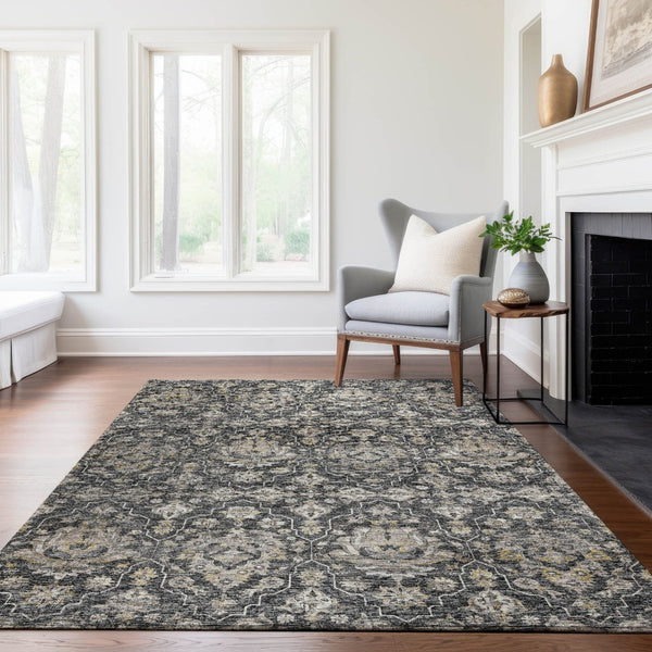 HomeRoots 5' X 8' Elegant Graphite Ivory Gold Floral Medallion Rug - Washable, Stain Resistant, UV Protected 644570