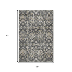 HomeRoots 5' X 8' Elegant Graphite Ivory Gold Floral Medallion Rug - Washable, Stain Resistant, UV Protected 644570