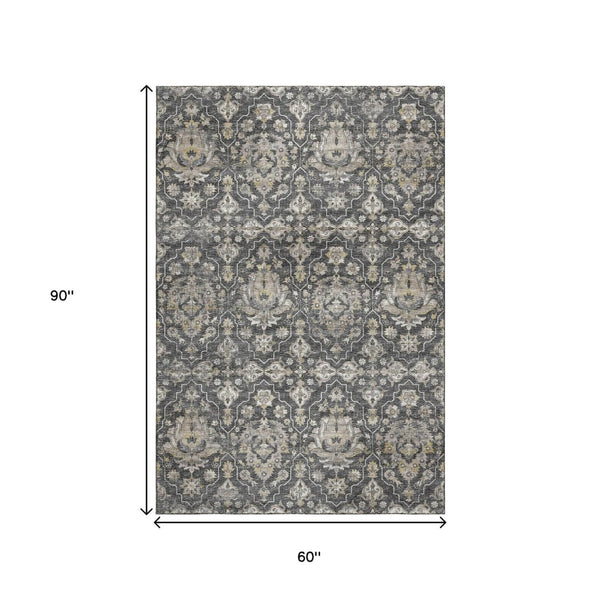 HomeRoots 5' X 8' Elegant Graphite Ivory Gold Floral Medallion Rug - Washable, Stain Resistant, UV Protected 644570