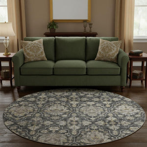 HomeRoots 8' Washable Round Rug with Graphite, Ivory & Gold Floral Medallion Design - UV Protected & Durable 644571