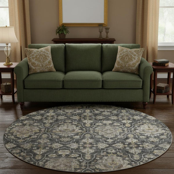 HomeRoots 8' Washable Round Rug with Graphite, Ivory & Gold Floral Medallion Design - UV Protected & Durable 644571