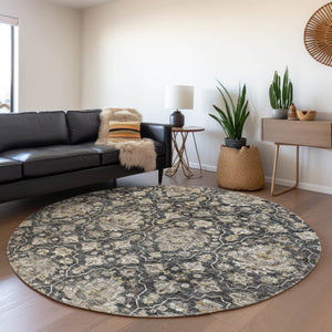 HomeRoots 8' Washable Round Rug with Graphite, Ivory & Gold Floral Medallion Design - UV Protected & Durable 644571
