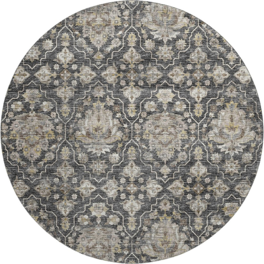 HomeRoots 8' Washable Round Rug with Graphite, Ivory & Gold Floral Medallion Design - UV Protected & Durable 644571