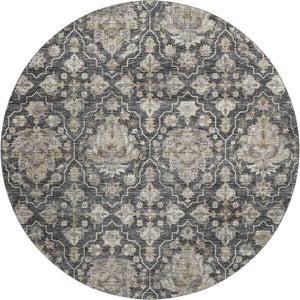 HomeRoots 8' Washable Round Rug with Graphite, Ivory & Gold Floral Medallion Design - UV Protected & Durable 644571