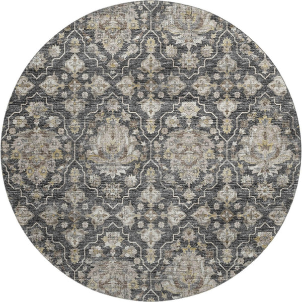 HomeRoots 8' Washable Round Rug with Graphite, Ivory & Gold Floral Medallion Design - UV Protected & Durable 644571