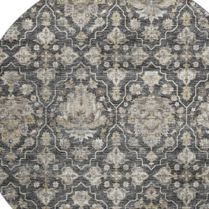 HomeRoots 8' Washable Round Rug with Graphite, Ivory & Gold Floral Medallion Design - UV Protected & Durable 644571