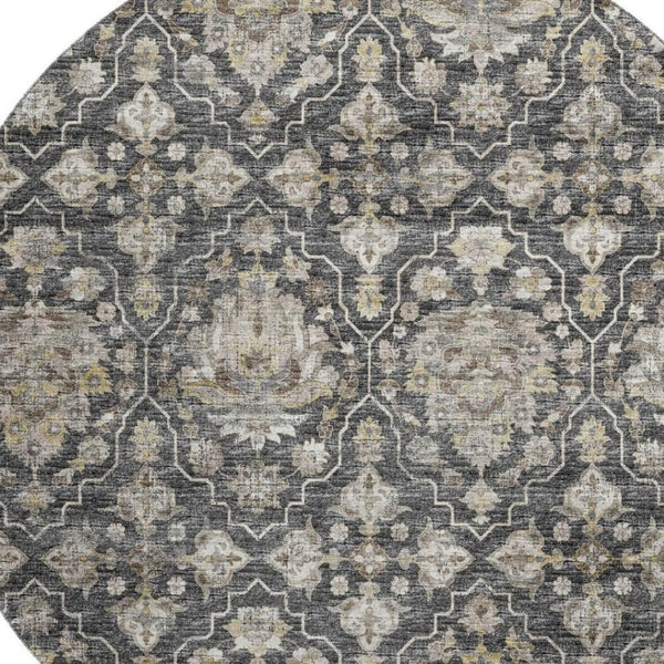 HomeRoots 8' Washable Round Rug with Graphite, Ivory & Gold Floral Medallion Design - UV Protected & Durable 644571