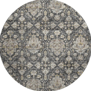 HomeRoots 8' Washable Round Rug with Graphite, Ivory & Gold Floral Medallion Design - UV Protected & Durable 644571