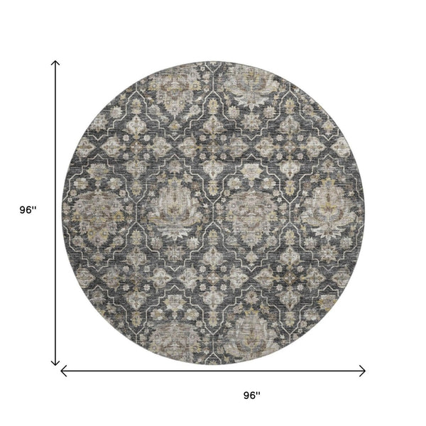 HomeRoots 8' Washable Round Rug with Graphite, Ivory & Gold Floral Medallion Design - UV Protected & Durable 644571
