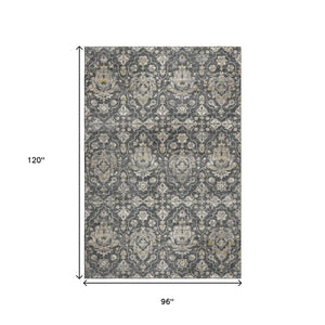 HomeRoots 8' X 10' Elegant Graphite Ivory Gold Floral Medallion Washable Area Rug with UV Protection & Durability 644572