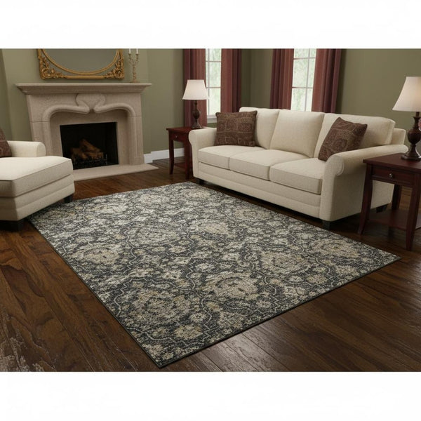 HomeRoots 8' X 10' Elegant Graphite Ivory Gold Floral Medallion Washable Area Rug with UV Protection & Durability 644572