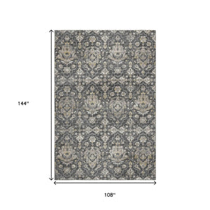 HomeRoots 9' X 12' Graphite Ivory Gold Floral Medallion Area Rug - Washable, Stain Resistant & UV Protected! 644573