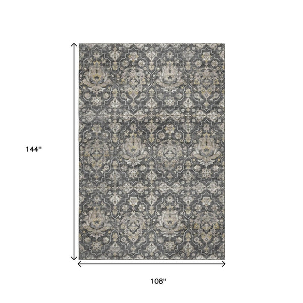 HomeRoots 9' X 12' Graphite Ivory Gold Floral Medallion Area Rug - Washable, Stain Resistant & UV Protected! 644573