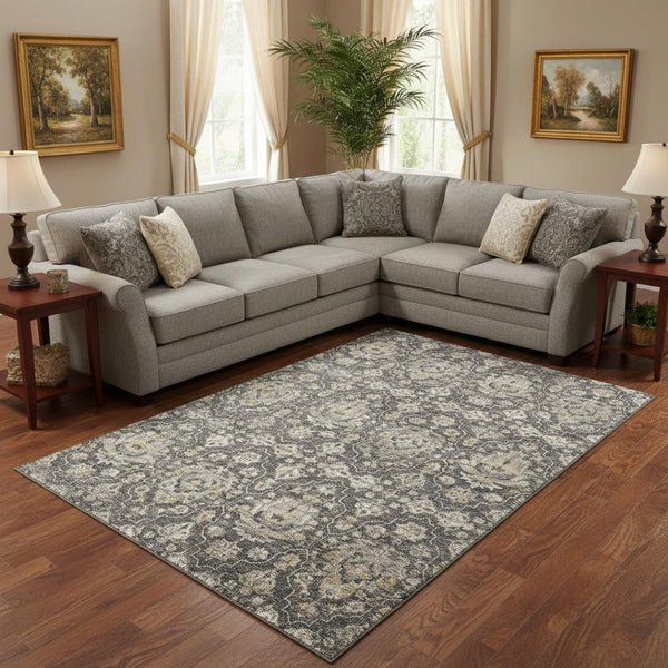 HomeRoots 9' X 12' Graphite Ivory Gold Floral Medallion Area Rug - Washable, Stain Resistant & UV Protected! 644573