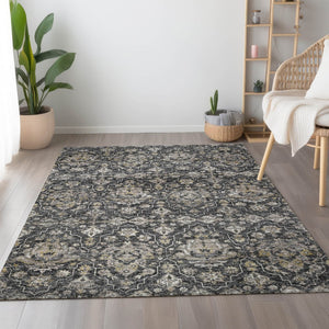 HomeRoots 9' X 12' Graphite Ivory Gold Floral Medallion Area Rug - Washable, Stain Resistant & UV Protected! 644573