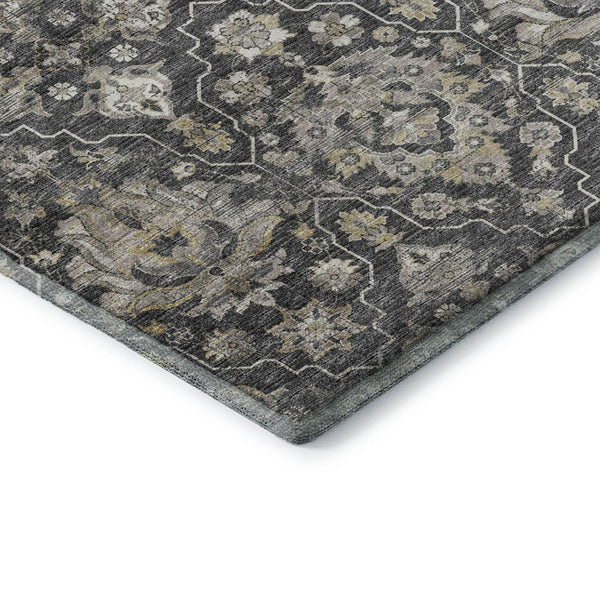 HomeRoots 9' X 12' Graphite Ivory Gold Floral Medallion Area Rug - Washable, Stain Resistant & UV Protected! 644573