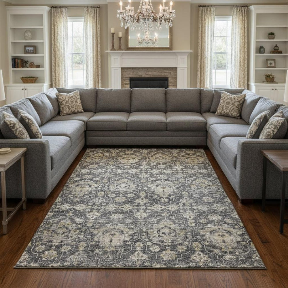 HomeRoots 10' X 14' Elegant Graphite Ivory Gold Floral Medallion Rug - Washable, Stain-Resistant, UV Protected! 644574