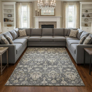 HomeRoots 10' X 14' Elegant Graphite Ivory Gold Floral Medallion Rug - Washable, Stain-Resistant, UV Protected! 644574