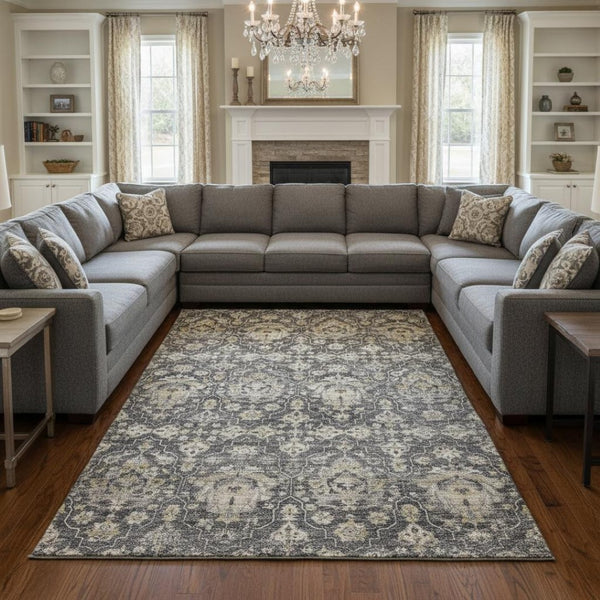 HomeRoots 10' X 14' Elegant Graphite Ivory Gold Floral Medallion Rug - Washable, Stain-Resistant, UV Protected! 644574