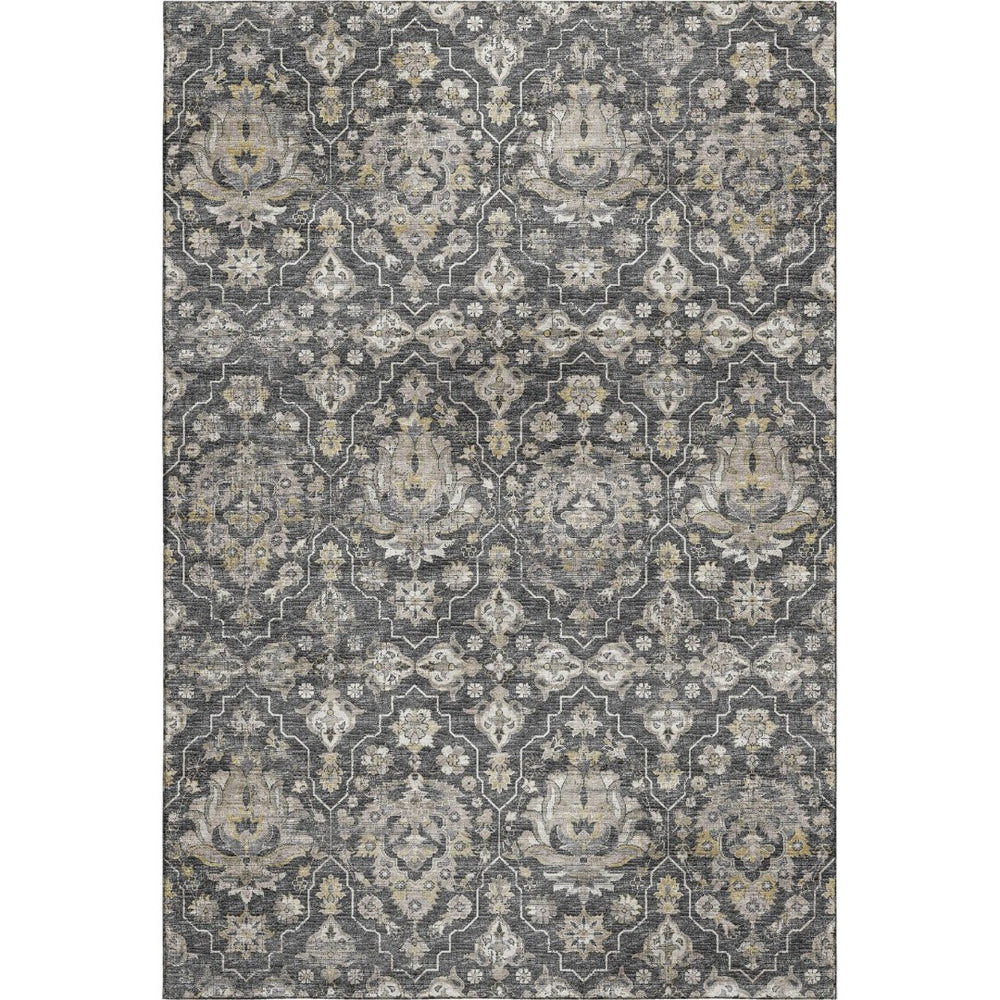 HomeRoots 10' X 14' Elegant Graphite Ivory Gold Floral Medallion Rug - Washable, Stain-Resistant, UV Protected! 644574