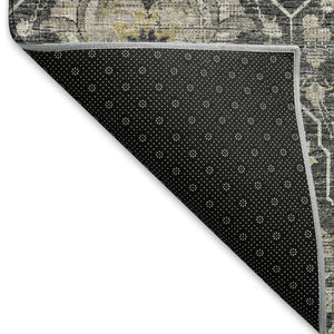 HomeRoots 10' X 14' Elegant Graphite Ivory Gold Floral Medallion Rug - Washable, Stain-Resistant, UV Protected! 644574