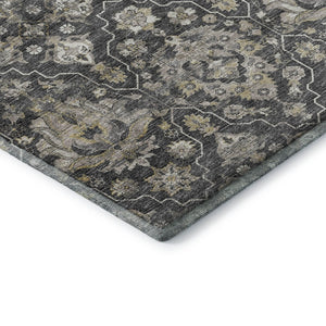 HomeRoots 10' X 14' Elegant Graphite Ivory Gold Floral Medallion Rug - Washable, Stain-Resistant, UV Protected! 644574