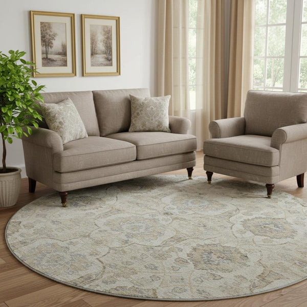 HomeRoots 8' Linen and Ivory Floral Medallion Round Rug – Washable, UV-Protected, Stylish & Durable Design 644577