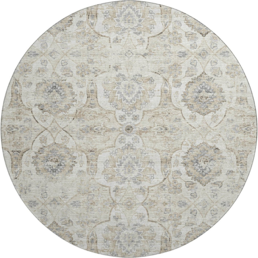HomeRoots 8' Linen and Ivory Floral Medallion Round Rug – Washable, UV-Protected, Stylish & Durable Design 644577