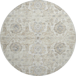 HomeRoots 8' Linen and Ivory Floral Medallion Round Rug – Washable, UV-Protected, Stylish & Durable Design 644577