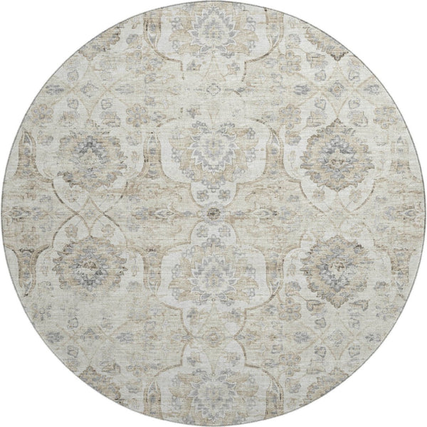 HomeRoots 8' Linen and Ivory Floral Medallion Round Rug – Washable, UV-Protected, Stylish & Durable Design 644577