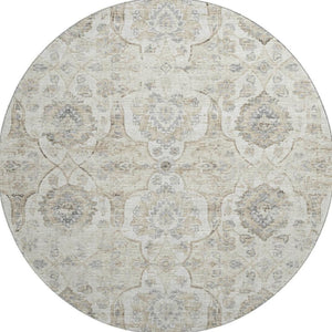 HomeRoots 8' Linen and Ivory Floral Medallion Round Rug – Washable, UV-Protected, Stylish & Durable Design 644577