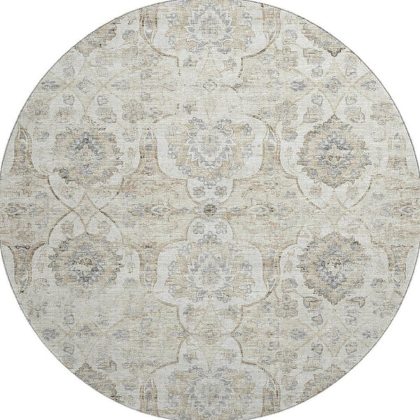 HomeRoots 8' Linen and Ivory Floral Medallion Round Rug – Washable, UV-Protected, Stylish & Durable Design 644577