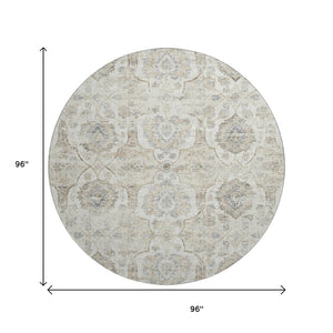 HomeRoots 8' Linen and Ivory Floral Medallion Round Rug – Washable, UV-Protected, Stylish & Durable Design 644577