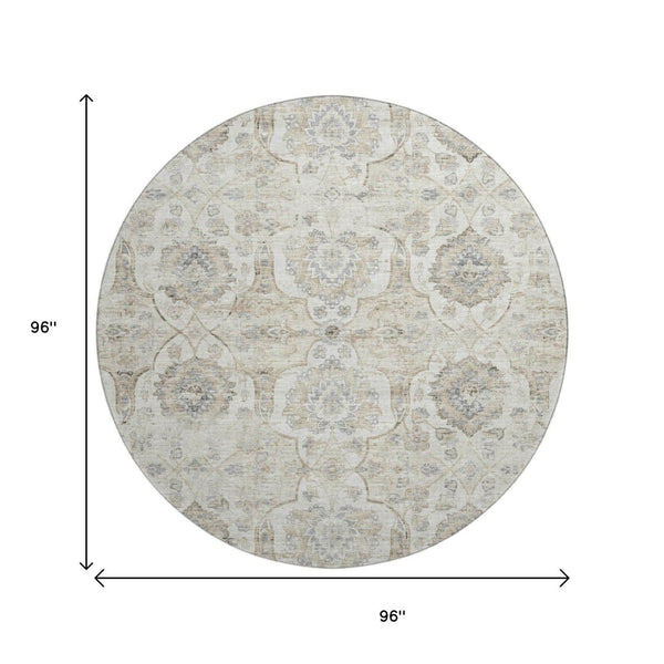 HomeRoots 8' Linen and Ivory Floral Medallion Round Rug – Washable, UV-Protected, Stylish & Durable Design 644577