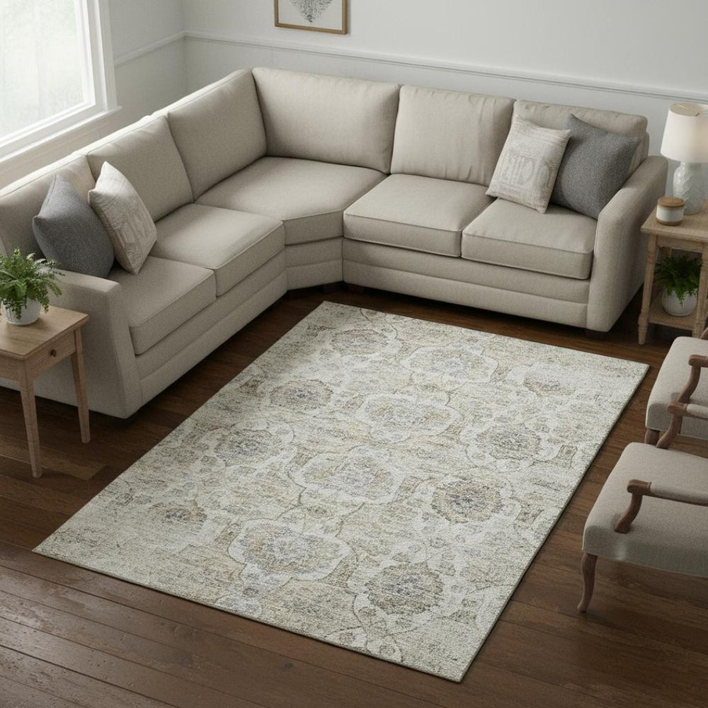 HomeRoots 8' X 10' Floral Medallion Area Rug in Linen & Ivory - Washable, UV-Protected, Stain Resistant Elegance 644578
