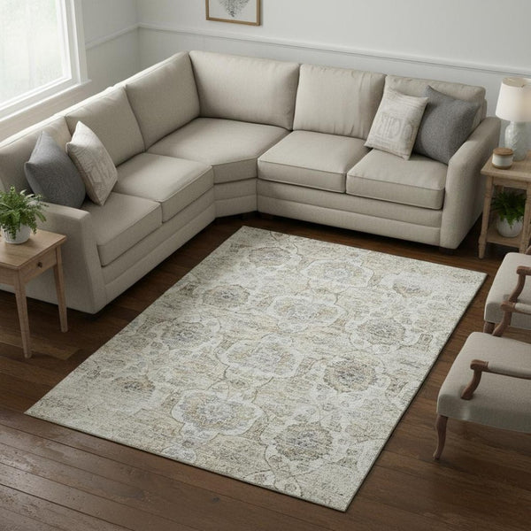 HomeRoots 8' X 10' Floral Medallion Area Rug in Linen & Ivory - Washable, UV-Protected, Stain Resistant Elegance 644578