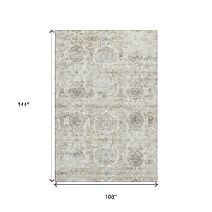 HomeRoots 9' X 12' Linen and Ivory Floral Medallion Rug – Machine Washable, UV Protected, Stain Resistant Decor 644579