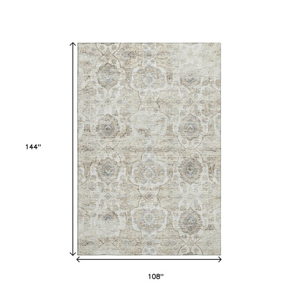 HomeRoots 9' X 12' Linen and Ivory Floral Medallion Rug – Machine Washable, UV Protected, Stain Resistant Decor 644579
