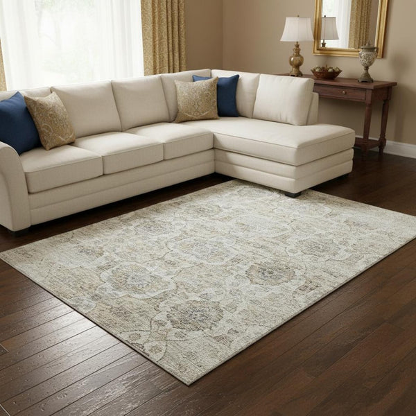 HomeRoots 9' X 12' Linen and Ivory Floral Medallion Rug – Machine Washable, UV Protected, Stain Resistant Decor 644579