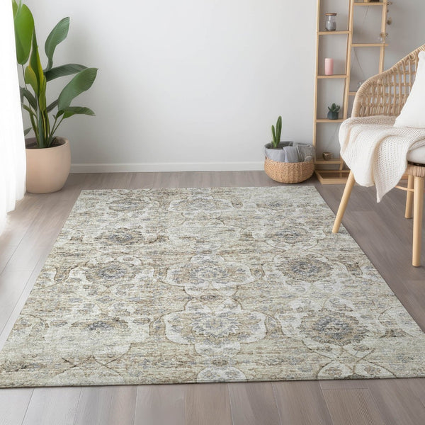 HomeRoots 9' X 12' Linen and Ivory Floral Medallion Rug – Machine Washable, UV Protected, Stain Resistant Decor 644579